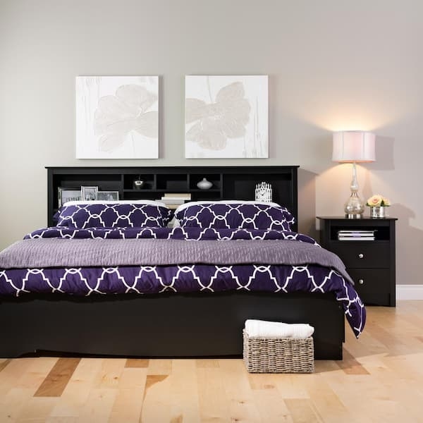 Bookshelf Headboard King Size Black Six Storage Cubbies Modern