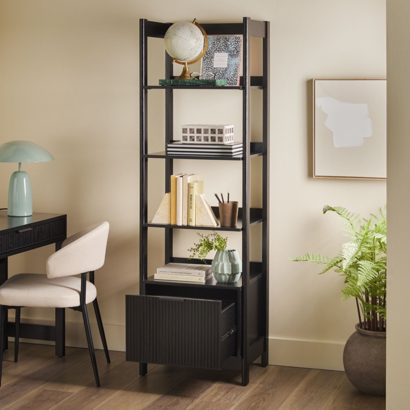 Bookshelf Narrow Black 5-Tier Ribbed Drawer Fluted Detail Transitional