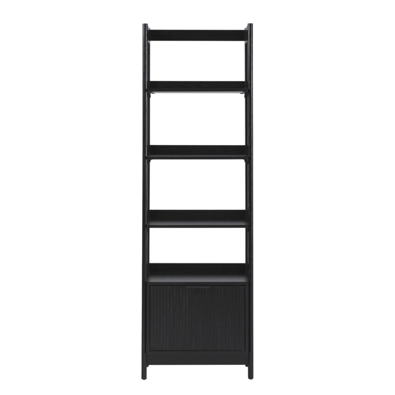 Bookshelf Narrow Black Ribbed Drawer 5-Tier Tall Transitional