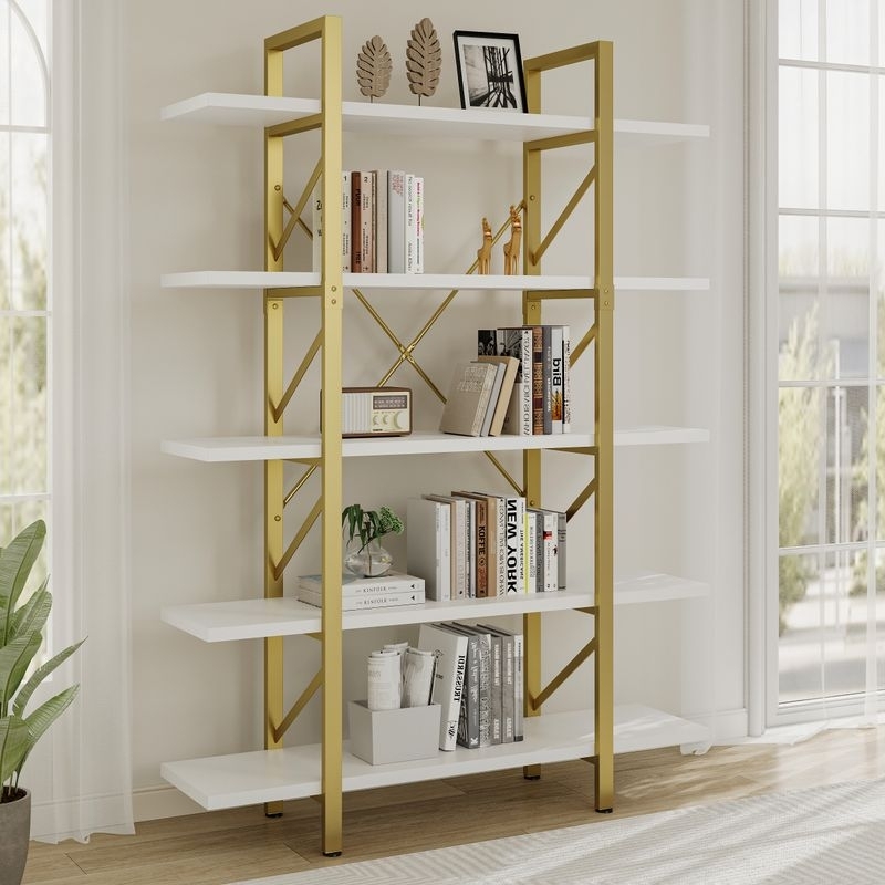 Bookshelf Polished Finish White Shelves X-Frame Chic Storage Unit