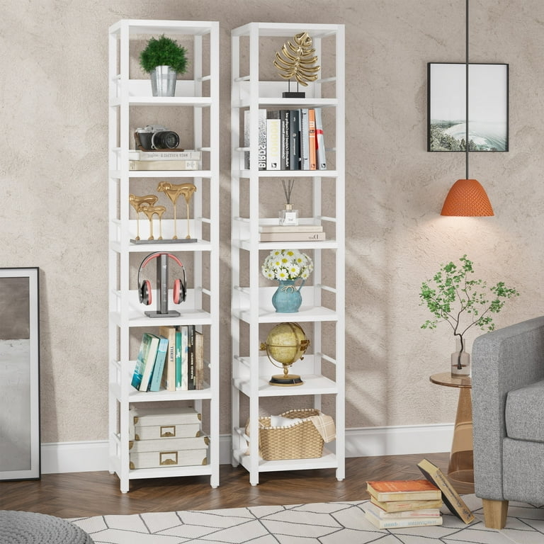 Bookshelf Set of 2 Narrow 6-Tier White Ladder Frame Tall