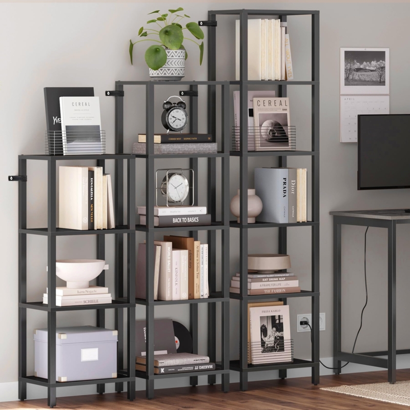 Bookshelf Set Tiered Black Metal Frame Open Concept Industrial
