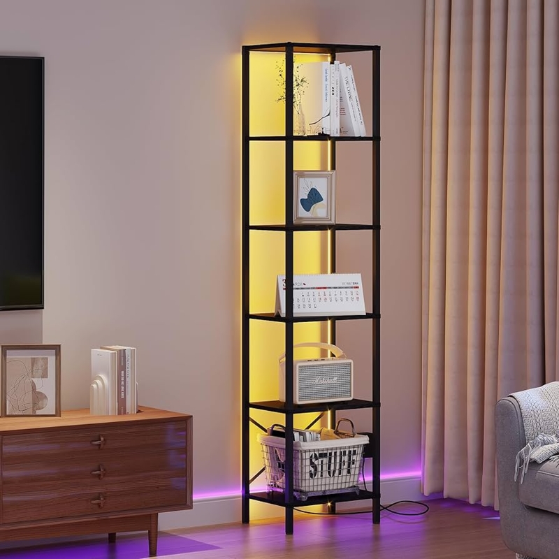 Bookshelf Tall 6-Tier Black Metal Integrated LED Lighting Narrow