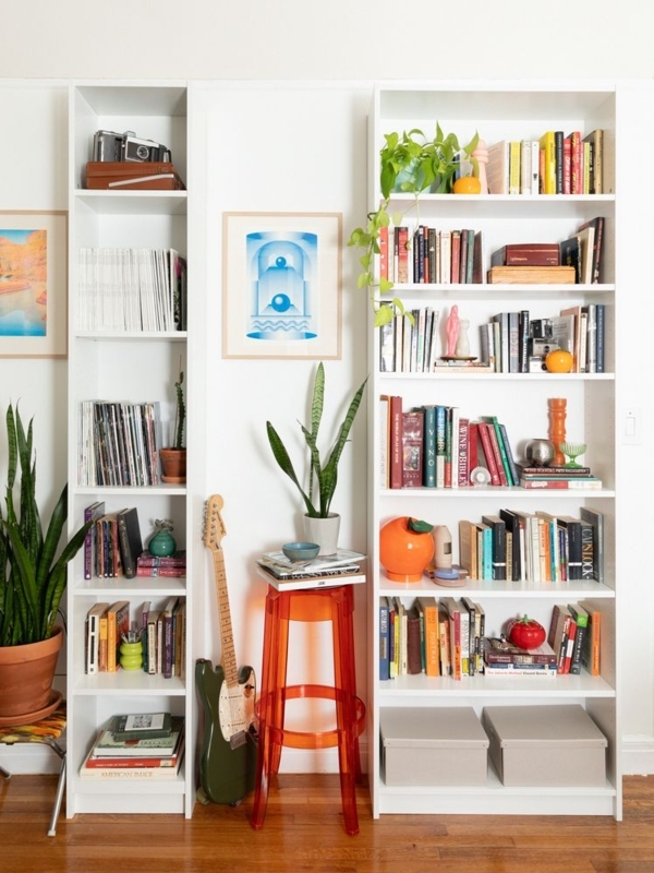 Bookshelf, Tall Narrow Silhouette, Light Oak Finish, Scandinavian Style