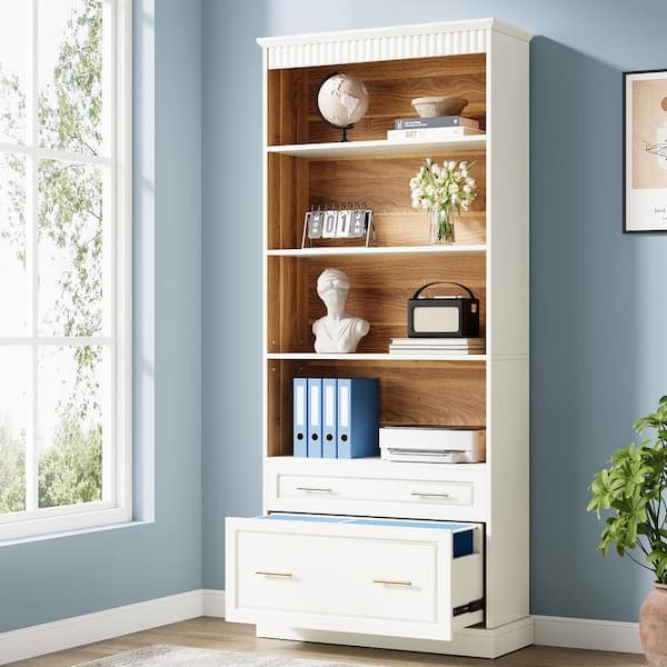 Bookshelf with Wood Toned Interior and Integrated File Drawer
