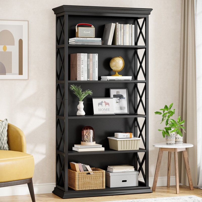 Bookshelf with X-Frame Sides, 6-Tier, Black Etagere for Home Office