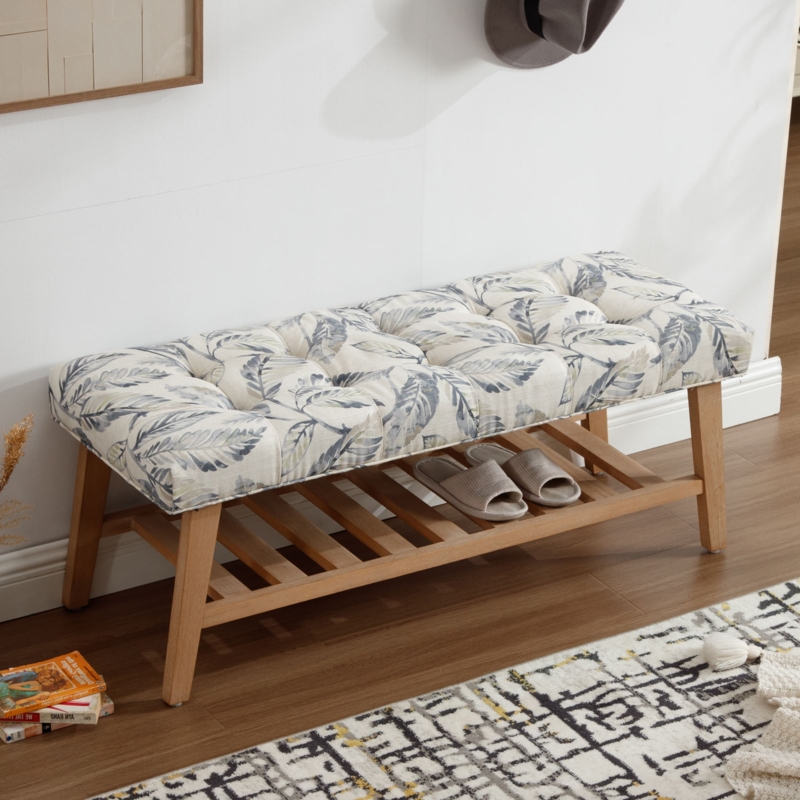 Botanical Pattern Entryway Bench with Slatted Shoe Storage