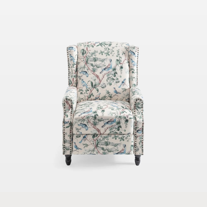 Botanical Print Recliner Bird Pattern Wingback Chair Nailhead Cream