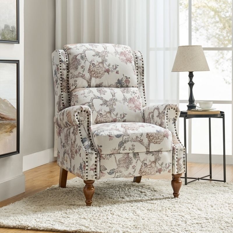 Botanical Print Wingback Recliner with Nailhead Trim and Rolled Arms