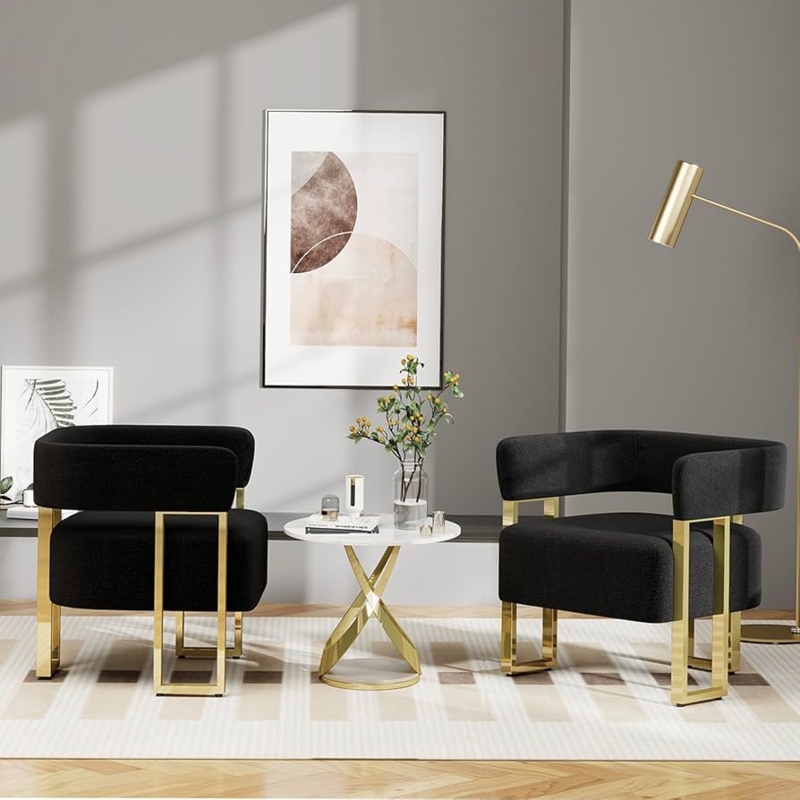 Boucle Bucket Accent Chairs in Black with Geometric Gold Metal Frame