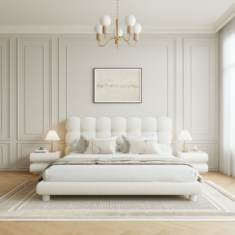 Boucle Platform Bed, Bubble Headboard Queen Bed, Modern Organic Style