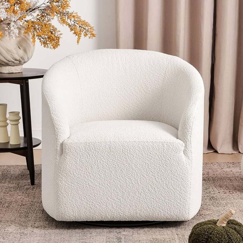 Boucle Swivel Accent Chair Round No Assembly White