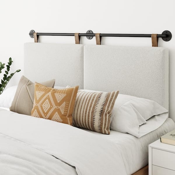 Boucle Wall Mount Headboard with Tan Leather-Like Straps