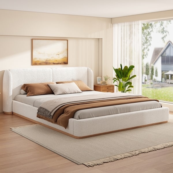 Boucle Wingback Bed with Rubberwood Base, Textured White Upholstery