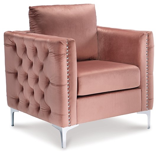 Boxy Accent Chair: Dusty Rose Velvet, Tufted Sides & Silver Trim.