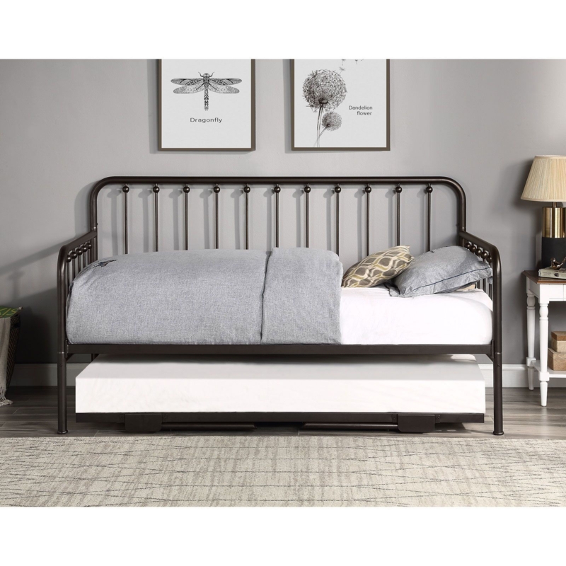 Bronze Metal Daybed Frame with Spindle Back, Ball Finials and Trundle
