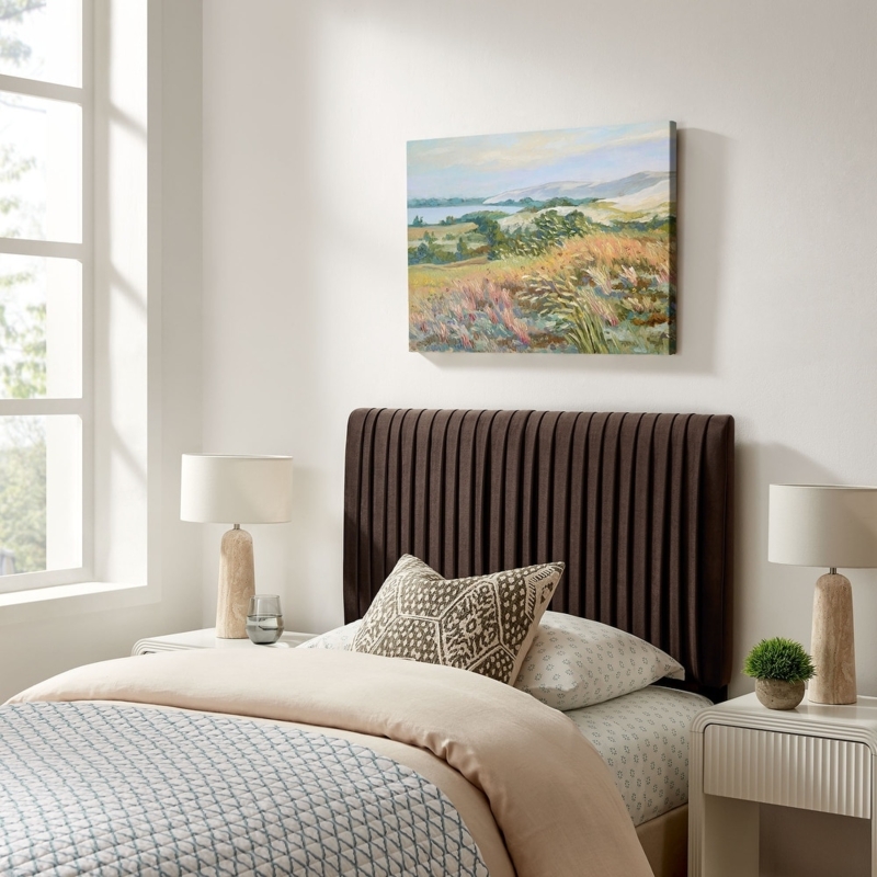 Brown Channel Tufted Headboard Vertical Pleats Contemporary Style