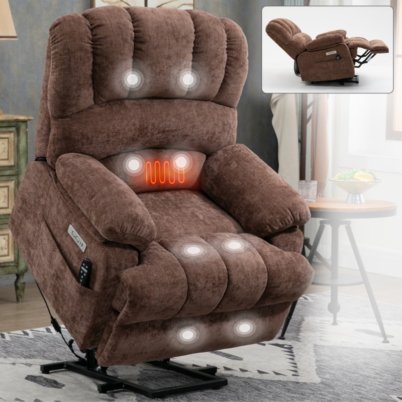 Brown Chenille Lift Recliner with 8-Point Massage, Heat