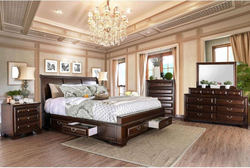 Brown Cherry Storage Sleigh Bedroom Set with Underbed Drawers Traditional