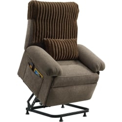 Brown Fabric Lift Recliner with Ribbed Backrest and Lumbar Pillow