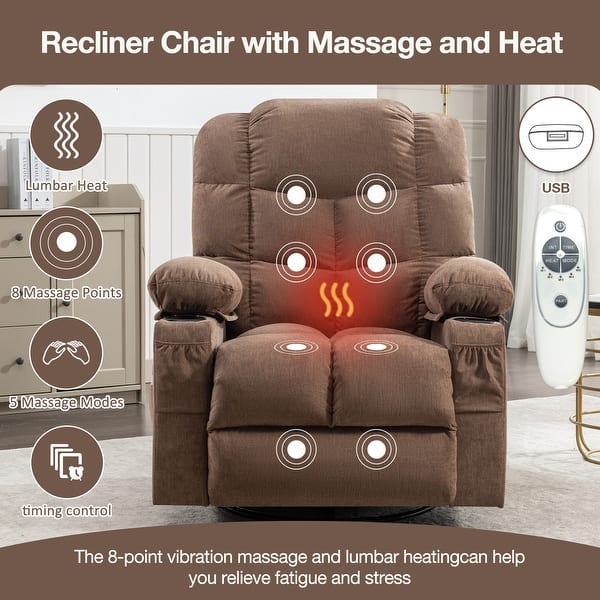Brown Fabric Rocker Recliner with Lumbar Heat & Massage Points