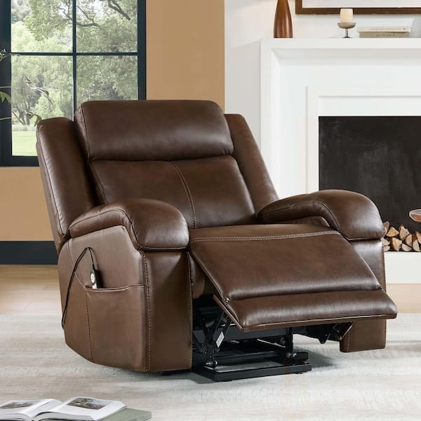Brown Leather Lift Chair with Triple Pillow Back Support