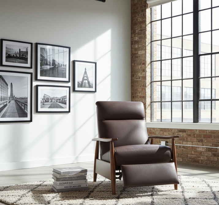 Brown Leather-Like Mid-Century Recliner with Wood Armrests and Low Profile