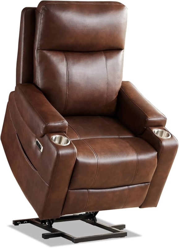 Brown Leather-Like Power Lift Recliner with Dual Cup Holders