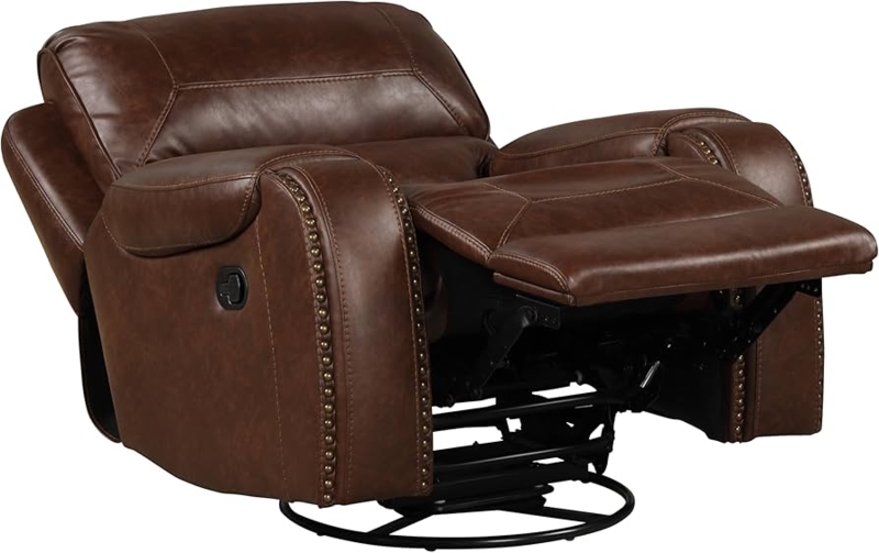 Brown Leather Look Recliner, Swivel Glider with Nailhead Trim