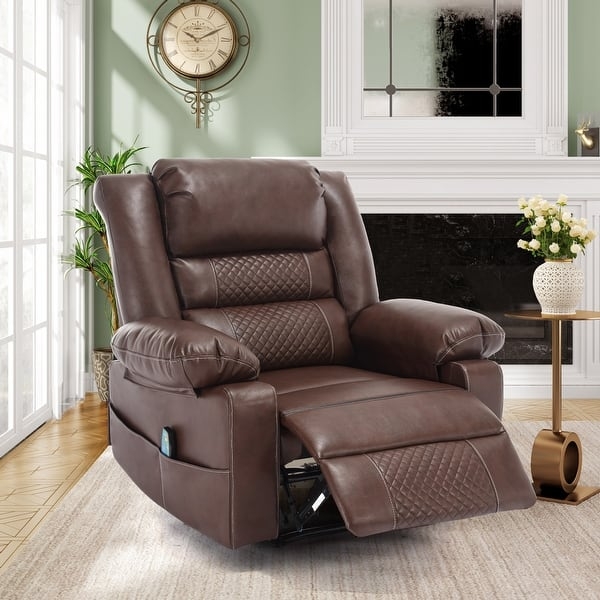 Brown Leather Recliner Chair With Diamond Stitching And Side Pocket