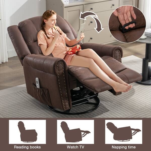 Brown Leather Recliner With Nailhead Trim And Swivel Rocker Base
