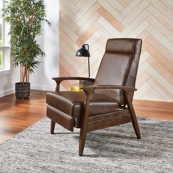 Brown Leather Recliner with Sculptural Walnut Wood Arms