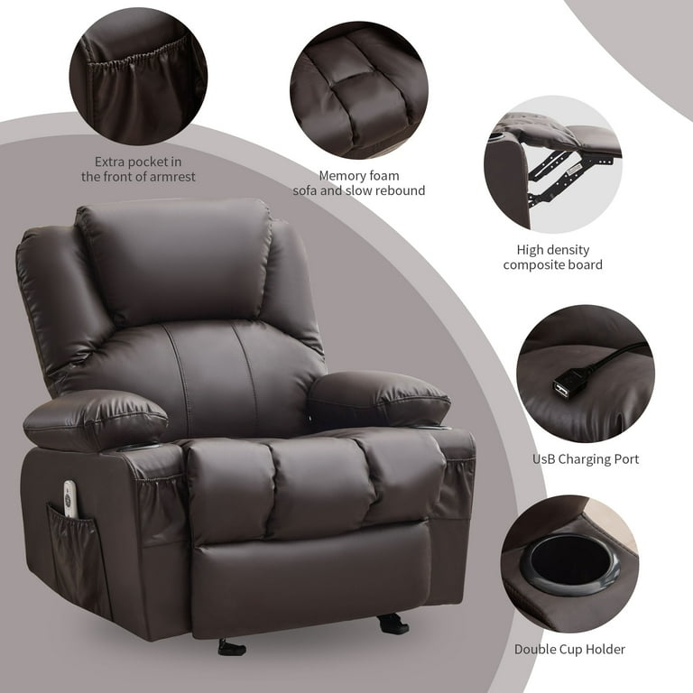 Brown Leather Recliner With USB Charging Port And Cup Holders