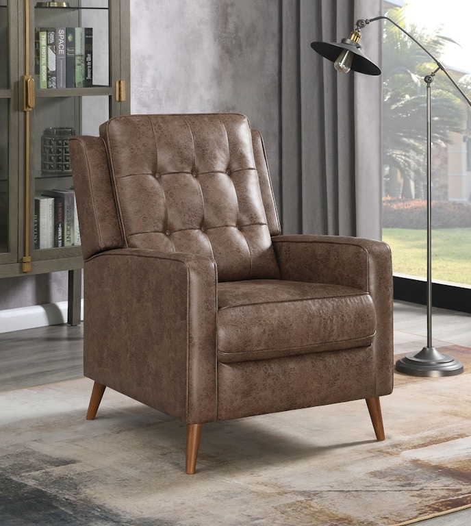 Brown Mid Century Armchair, Button Tufted with Tapered Wooden Legs