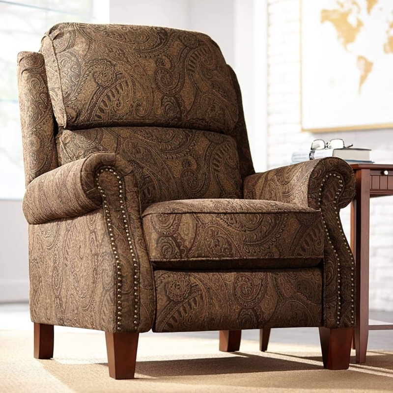 Brown Paisley Recliner Traditional Nailhead Armchair Rolled Arms