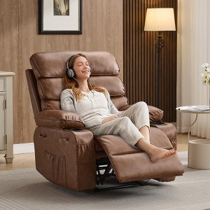 Brown Recliner Chair with Integrated Cup Holders, Oversized, Leather-Like.