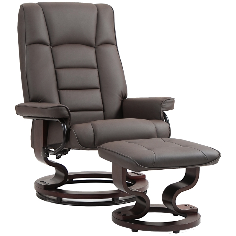 Brown Recliner With Ottoman C-Shaped Curved Wood Base Segmented Padding