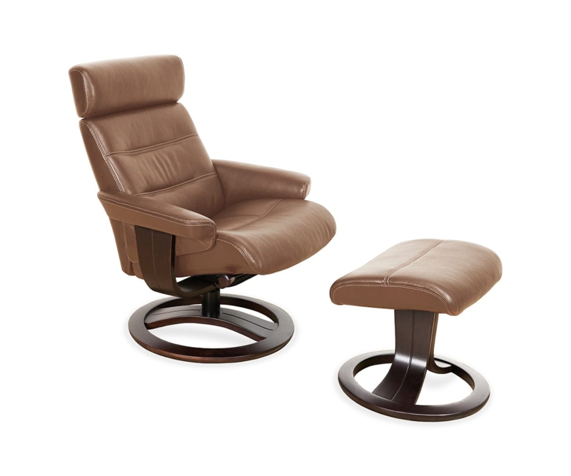 Brown Recliner With Ottoman Circular Dark Wood Base Integrated Headrest