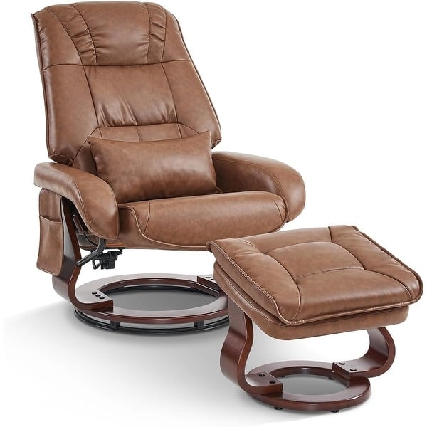 Brown Swivel Recliner Set with Circular Wood Base and Lumbar Pillow