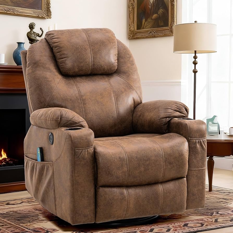 Brown Swivel Rocker Recliner with Integrated Cup Holders