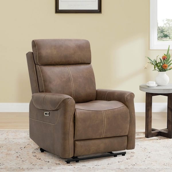 Brown Wall Hugger Power Recliner with Contrast Stitching