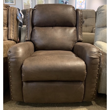 Brown Weathered Swivel Glider Recliner with Oversized Nailheads
