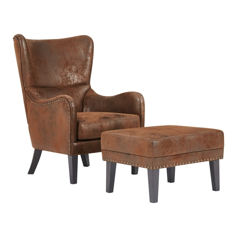 Brown Wingback Chair Set Distressed Faux Leather Nailhead Trim