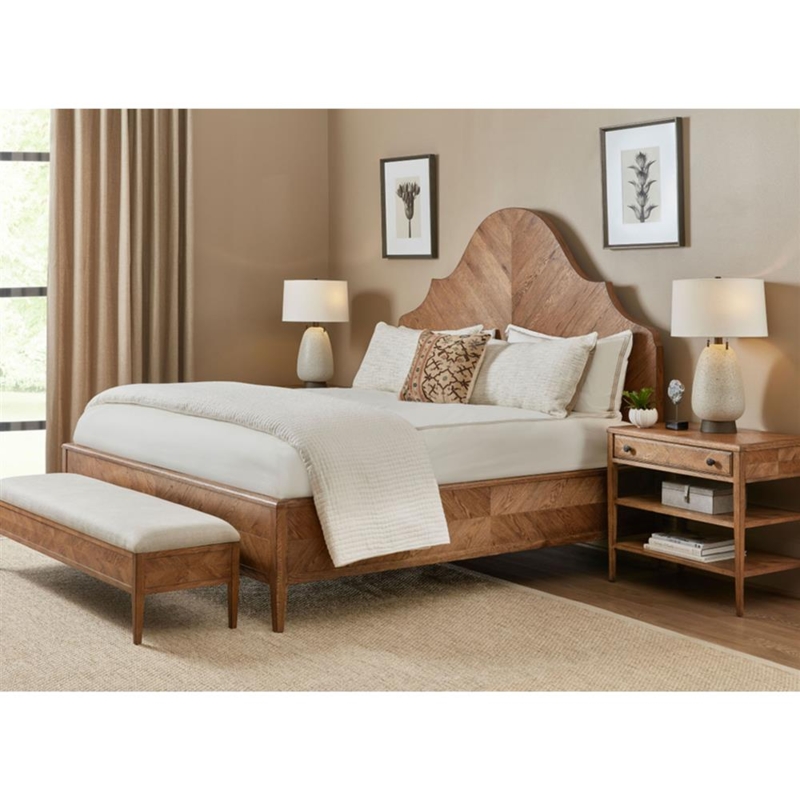 Brown Wood Platform Bed with Curved Herringbone Headboard Pattern