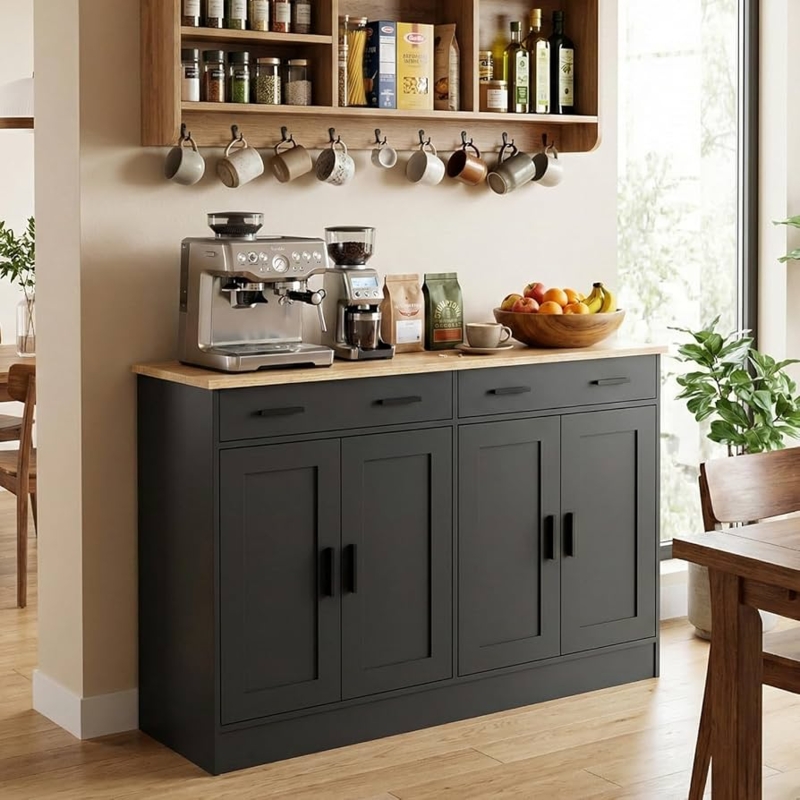 Buffet Cabinet with Shaker Doors and Wood Top for Coffee Bar