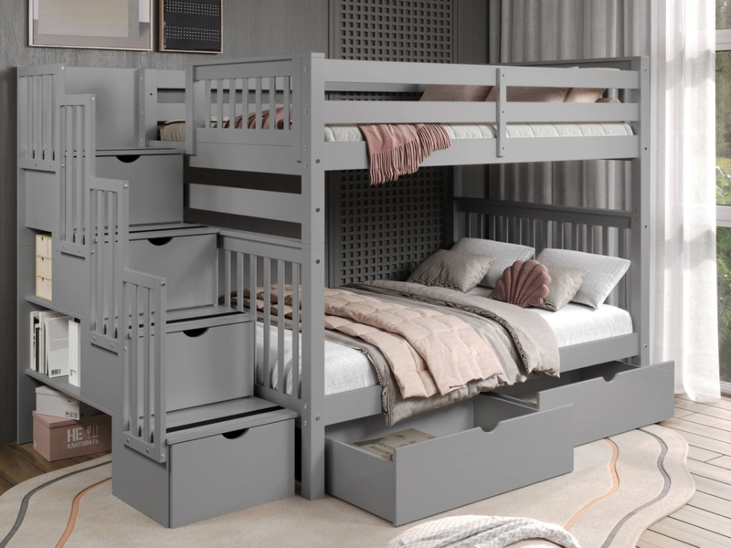 Bunk Bed Grey Stairway Access Full Over Full With Underbed Drawers