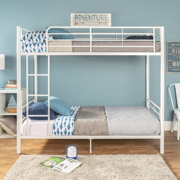 Bunk Bed White Metal Twin Over Twin with Built-In Ladder Guardrails