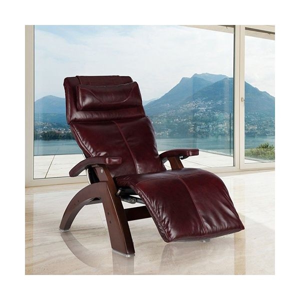 Burgundy Power Zero Gravity Recliner with Arched Wood-Toned Base