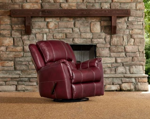Burgundy Swivel Glider Recliner with Distinctive White Contrast Stitching