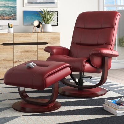 Burgundy Swivel Recliner Chair with Bentwood Base & Ottoman